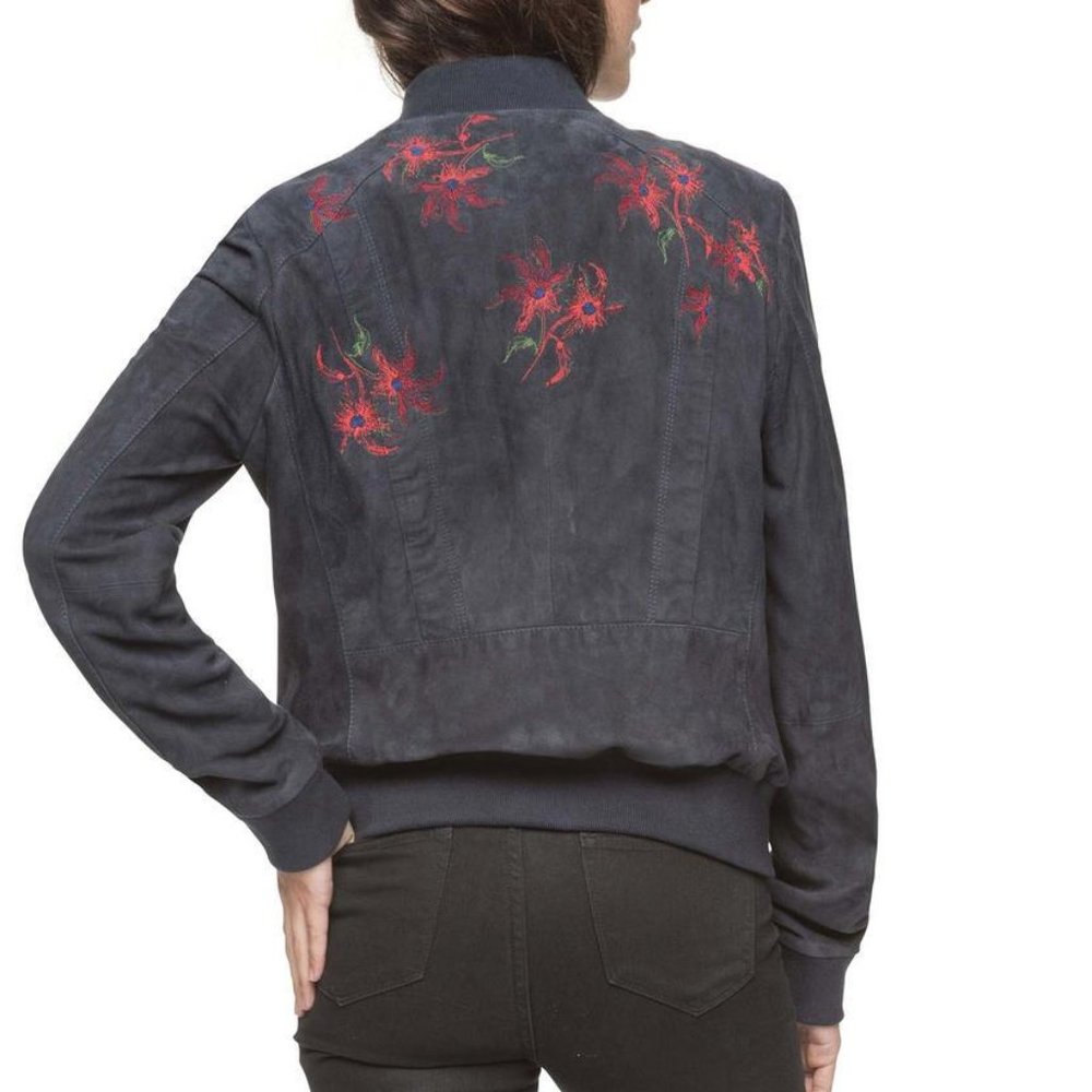 Andrew Marc New Bomber Embroidered Suede Leather Jacket Navy Women's M - Picture 4 of 16